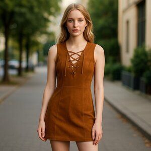 NWT TOBI Suede Mini Dress XS Camel  Genuine Leather Boho 70s Lace Up Shift